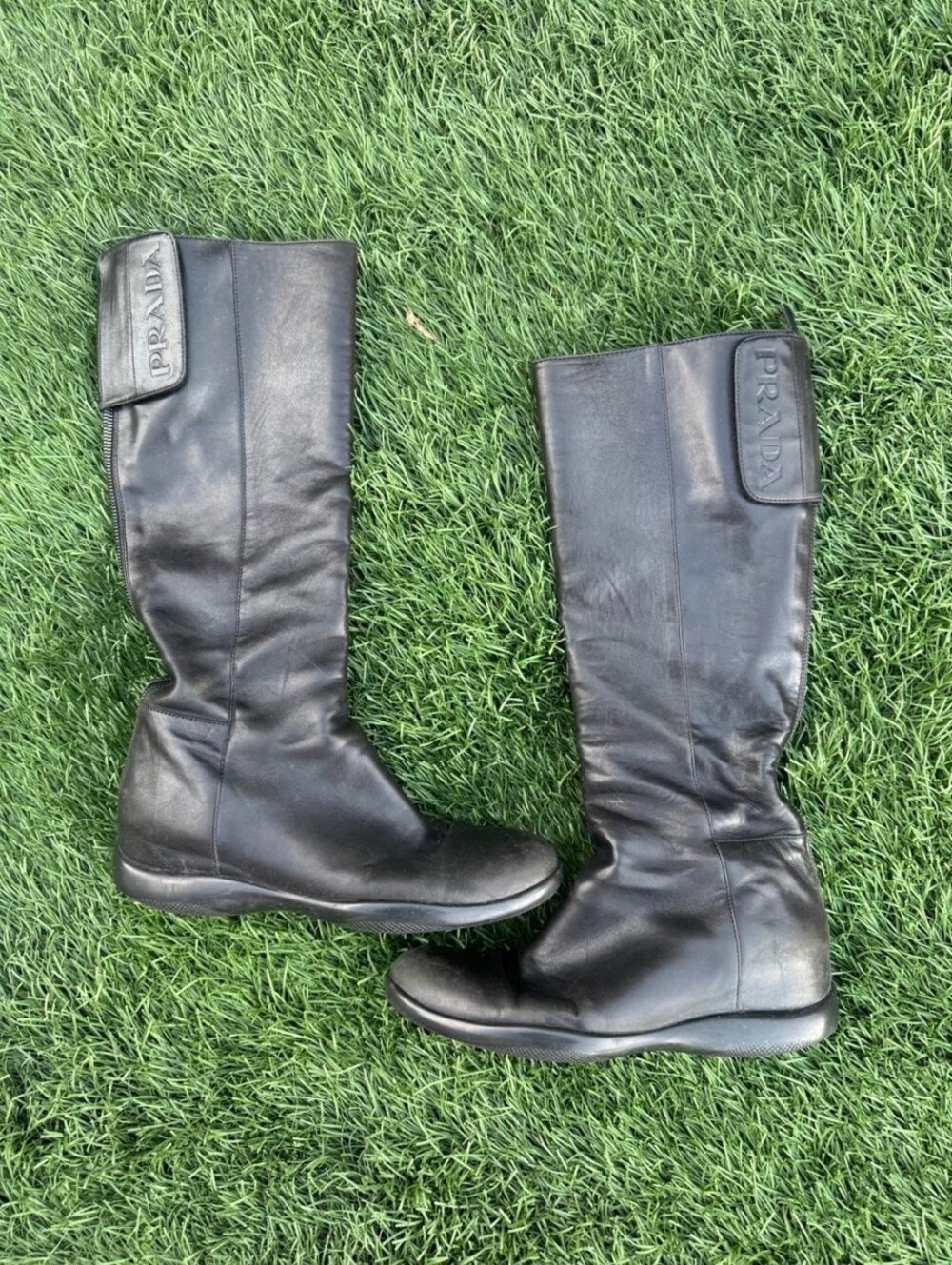 Prada Black Leather Tall Boots with Logo Tab